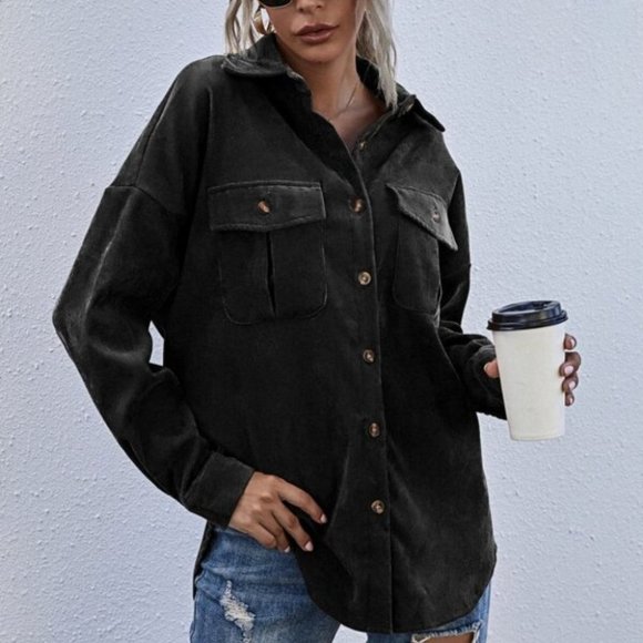 black Boyfriend oversized Button Front Corduroy sh - Picture 3 of 7